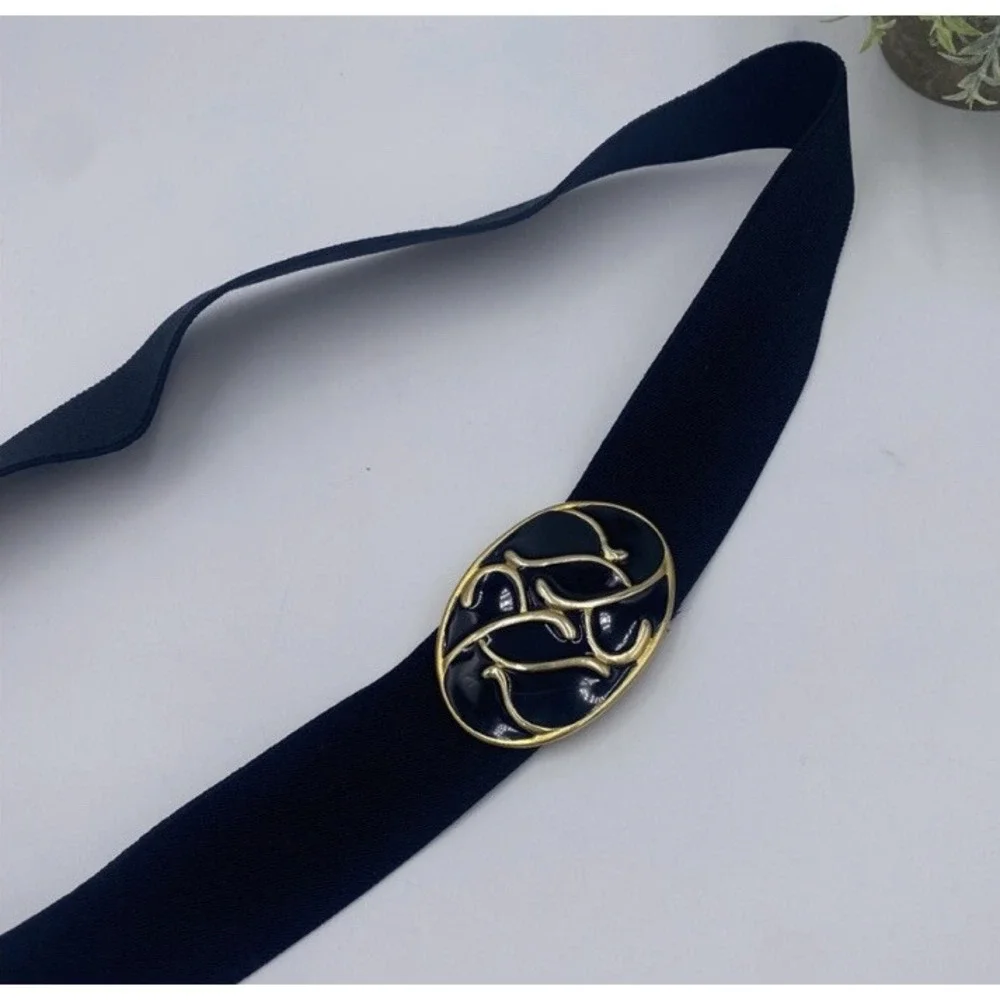 Vintage‎ 80's Disco Nan Lewis Black Stretch Belt With Enamel Buckle